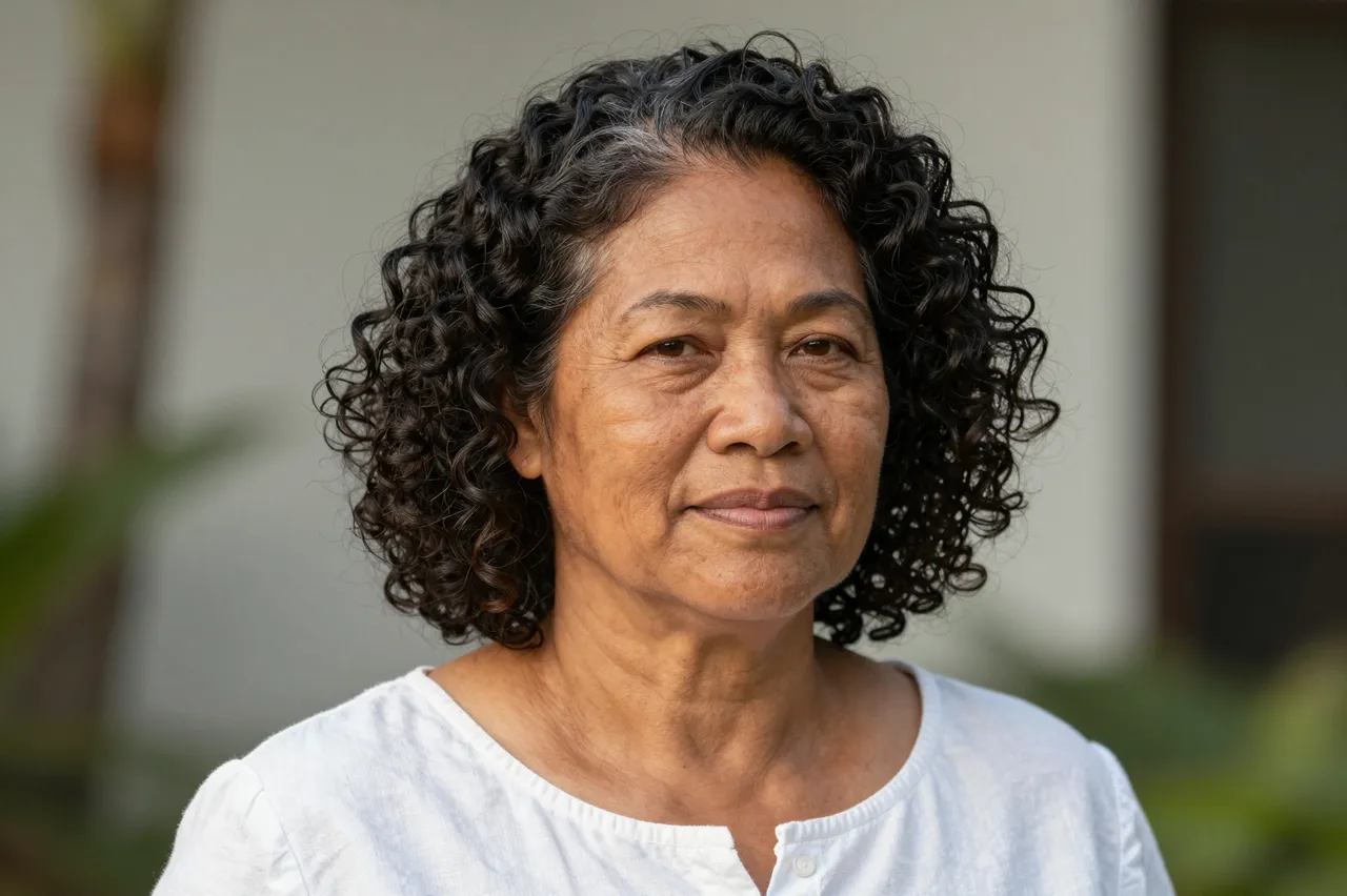 A close-up portrait of a fifties Pacific Islander woman with a curly bob wearing a white linen top in soft afternoon light.