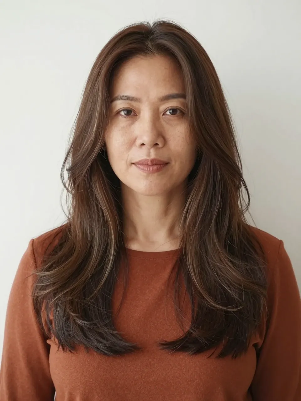 A head-and-shoulders portrait of a Southeast Asian woman in her forties with long dimensional wavy brunette hair and a rust