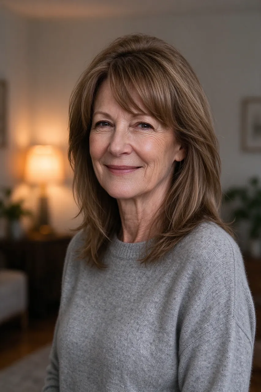 A smiling woman in her fifties wears a grey sweater in a cozy lamplit living room