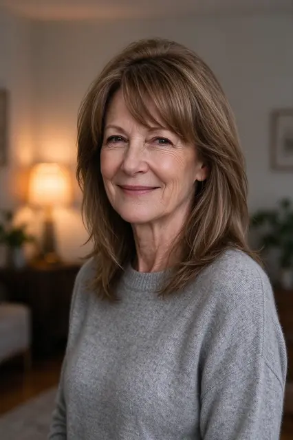 A smiling woman in her fifties wears a grey sweater in a cozy lamplit living room