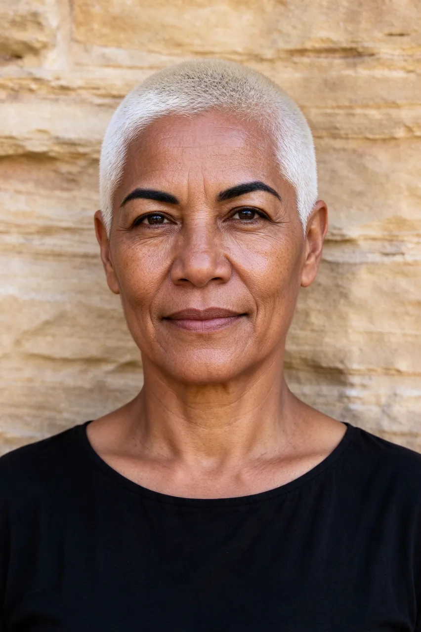 Headshot of a woman with short platinum hair and a black top standing against a sandstone wall