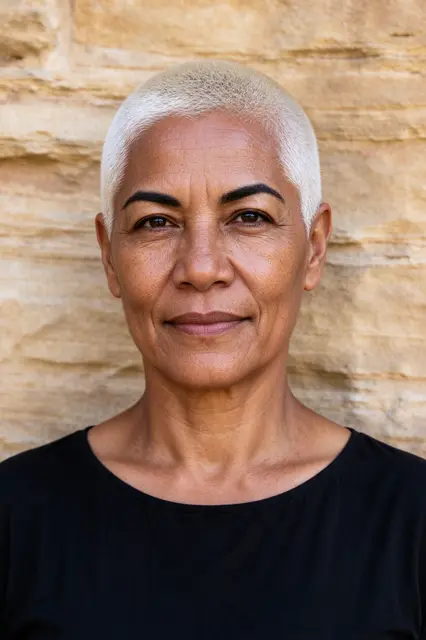 Headshot of a woman with short platinum hair and a black top standing against a sandstone wall
