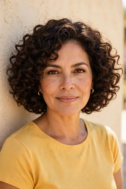 Warm portrait of a Latina woman in her forties with curly bob hair leaning on a sunny plaster wall in a yellow top.