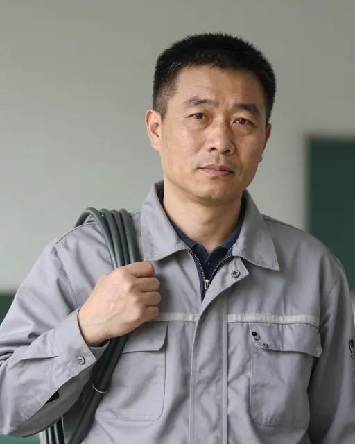 An East Asian man in his forties stands holding a coiled cable over his shoulder while wearing a gray work jacket.