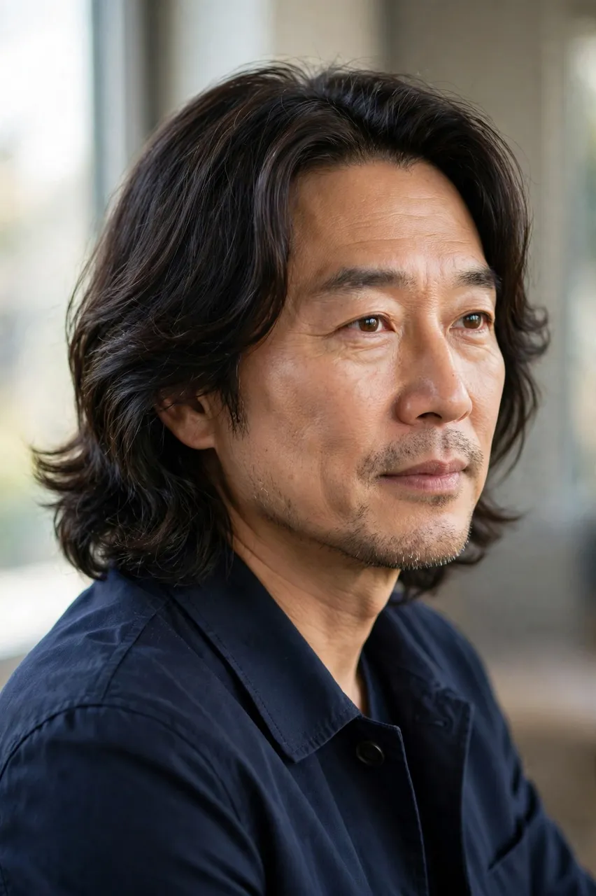 Head and shoulder portrait of an East Asian man in his forties with wavy shoulder-length hair, lit by soft window light.