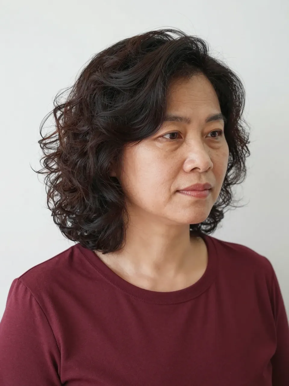 Bust portrait of a middle-aged Southeast Asian woman with curly dark hair wearing a wine-red blouse against a plain light