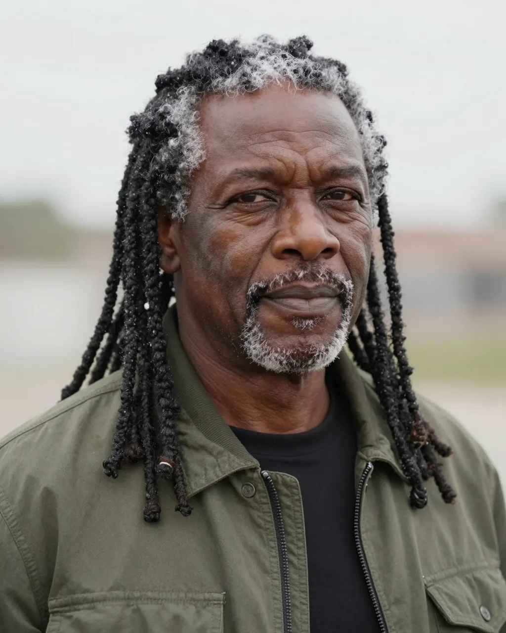 Close-up portrait of a Black man in his sixties with salt-and-pepper locs and an olive jacket under soft overcast light.