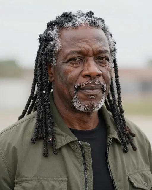 Close-up portrait of a Black man in his sixties with salt-and-pepper locs and an olive jacket under soft overcast light.