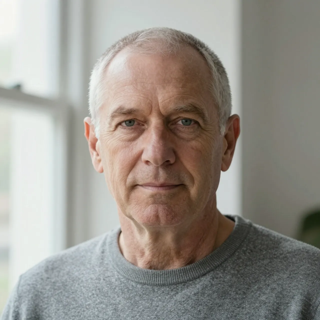 Headshot of a senior man in his sixties with a crew cut, wearing a grey sweater, lit by soft window light.