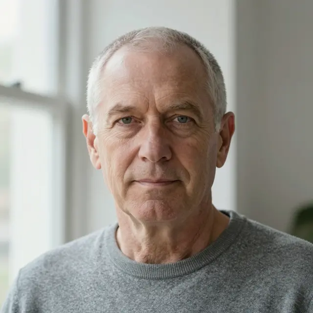 Headshot of a senior man in his sixties with a crew cut, wearing a grey sweater, lit by soft window light.