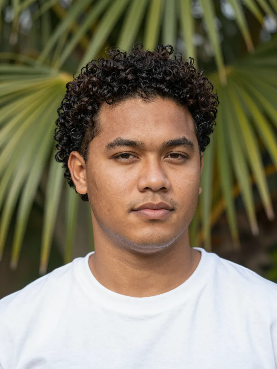 Headshot of a man in a plain white t-shirt with curly hair, palm fronds blurred in the background behind him.