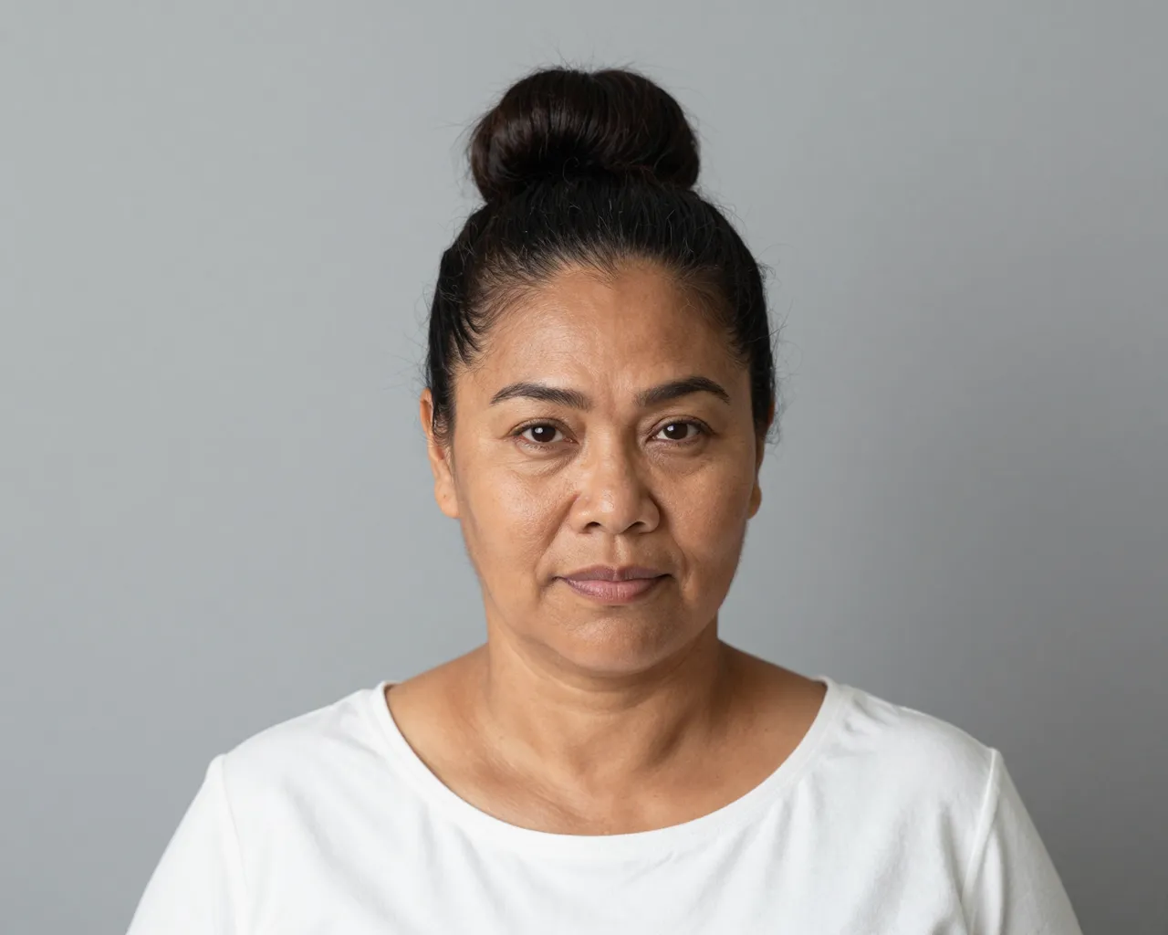 Headshot of a middle-aged Pacific Islander woman with a high bun against a plain grey backdrop