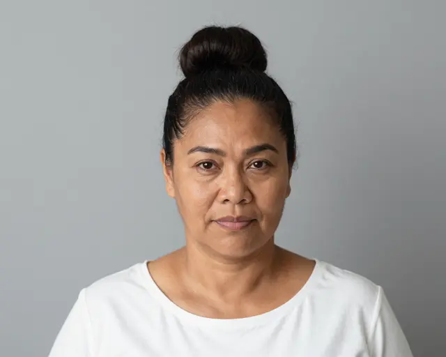 Headshot of a middle-aged Pacific Islander woman with a high bun against a plain grey backdrop