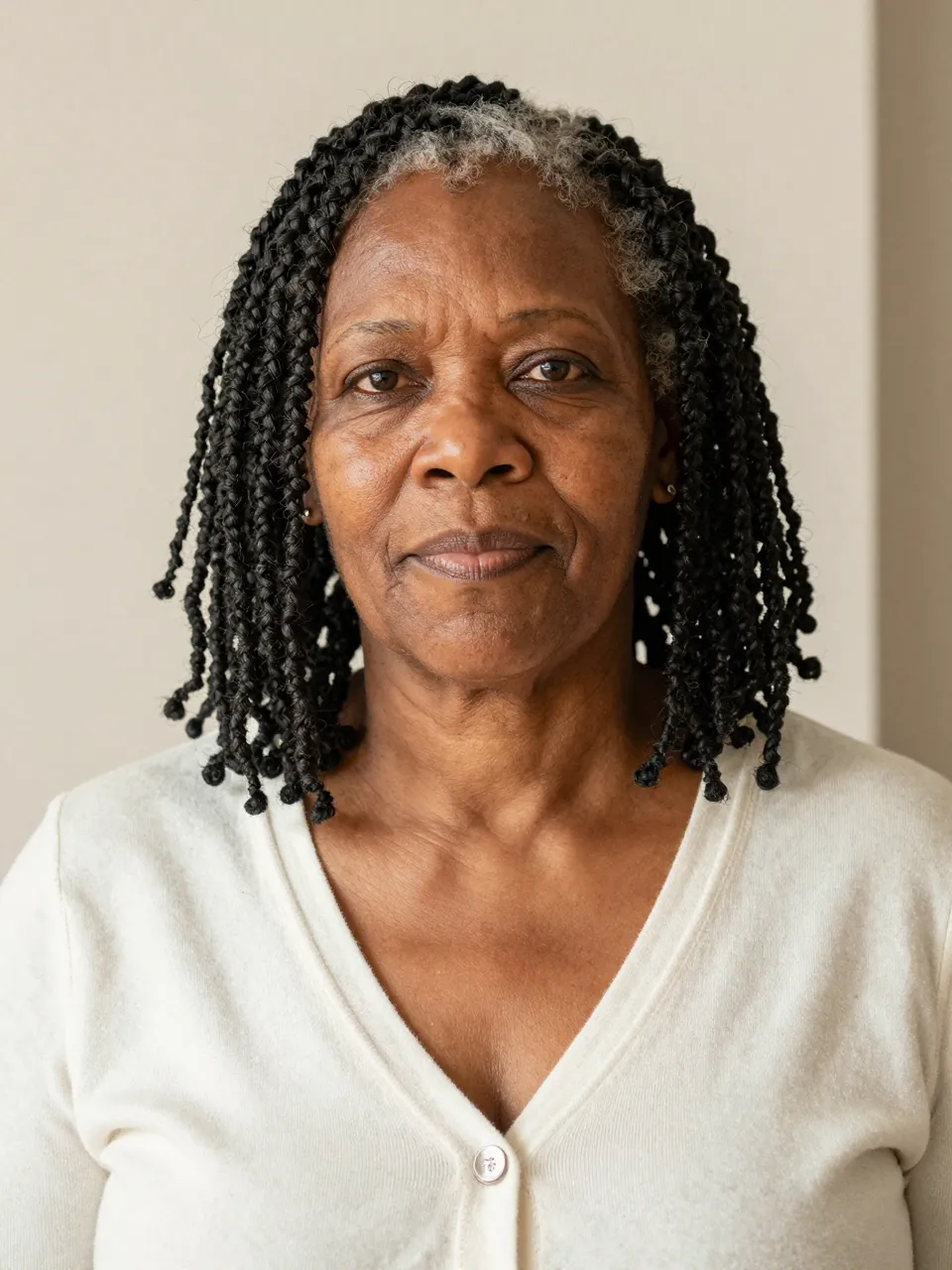 Bust portrait of a Black woman in her sixties with locs wearing an ivory cardigan against a plain wall