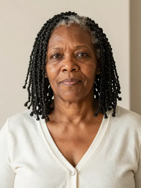 Bust portrait of a Black woman in her sixties with locs wearing an ivory cardigan against a plain wall