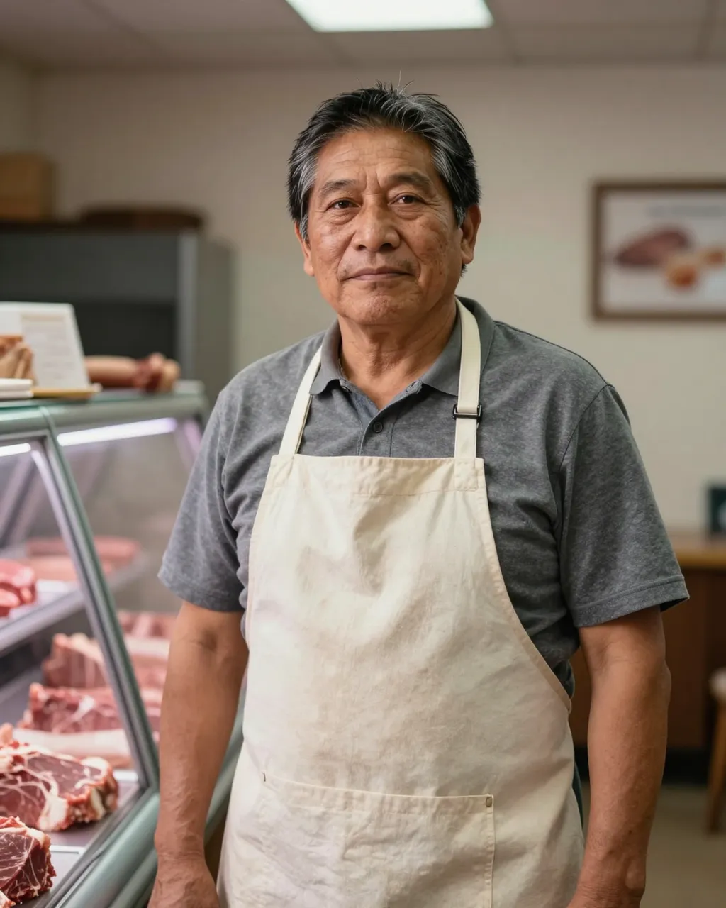 Middle aged butcher in a canvas apron stands next to a meat display case inside a small butcher shop.