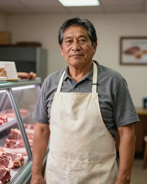 Middle aged butcher in a canvas apron stands next to a meat display case inside a small butcher shop.
