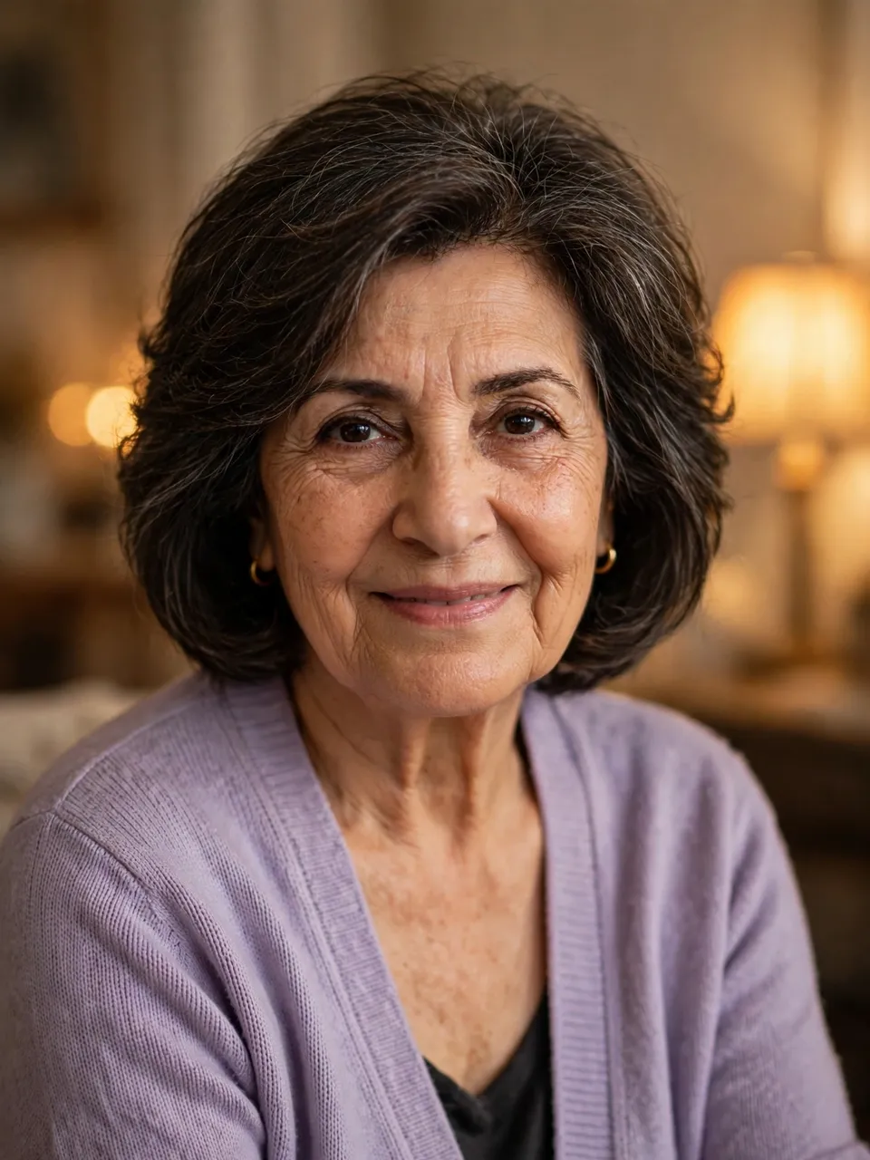Warm close-up portrait of a senior Middle Eastern woman with a soft bob, wearing a lavender cardigan indoors.