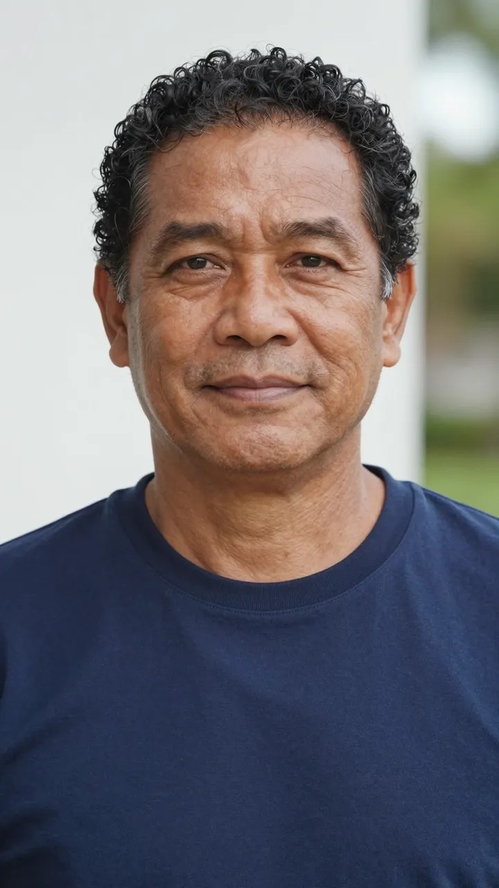 Headshot portrait of a smiling senior Pacific Islander man with curly hair wearing a navy shirt in soft daylight