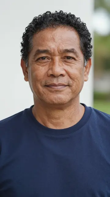 Headshot portrait of a smiling senior Pacific Islander man with curly hair wearing a navy shirt in soft daylight