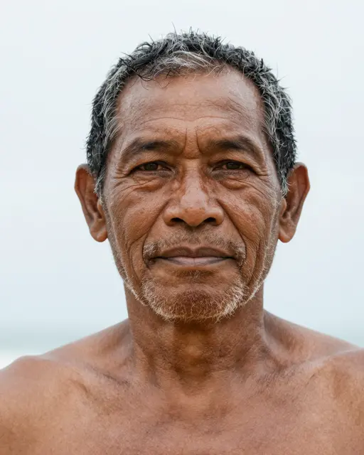 Close-up portrait of a shirtless senior Pacific Islander man facing the camera under soft overcast light