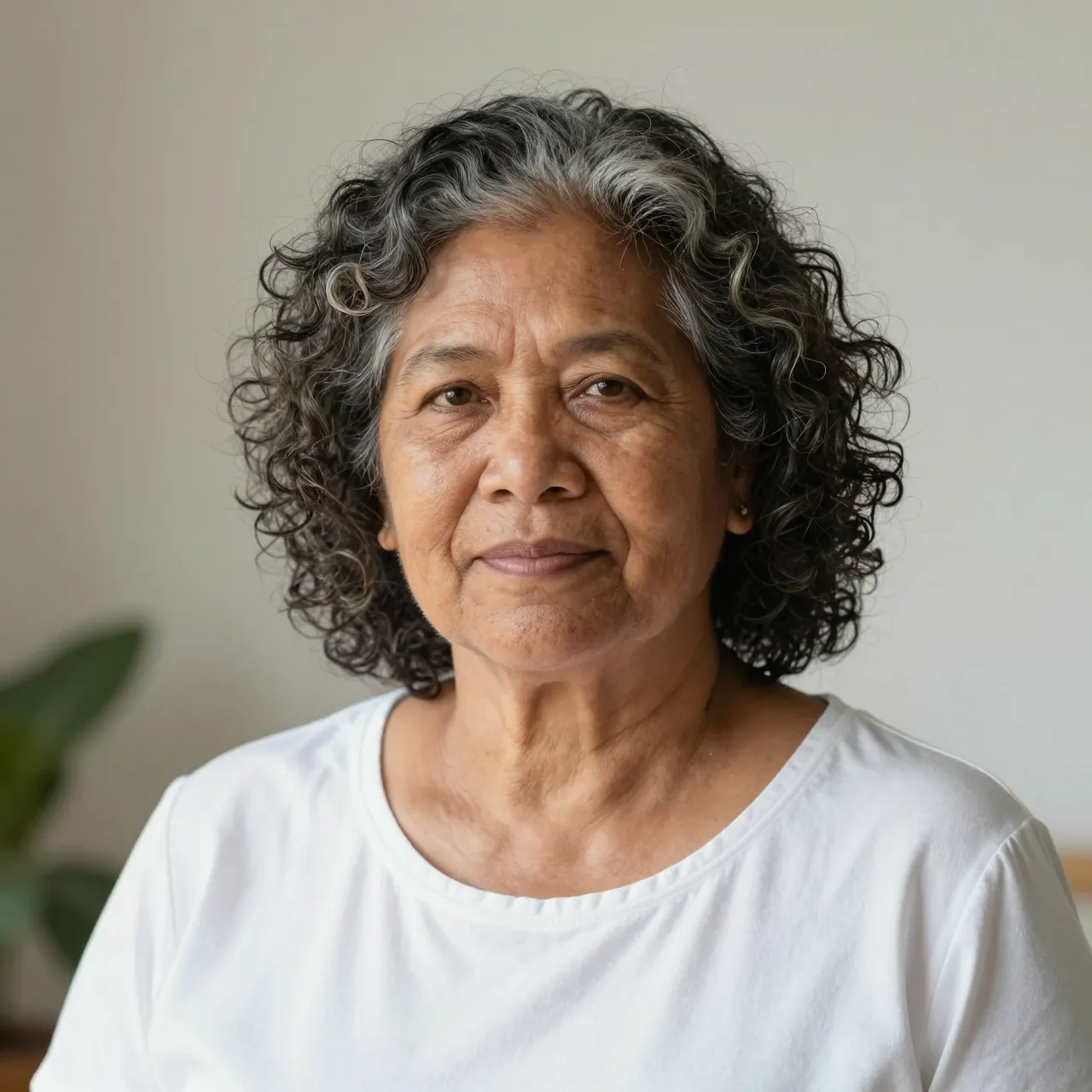 Head and shoulders portrait of a sixties Pacific Islander woman with salt and pepper curly hair in a plain white blouse, lit