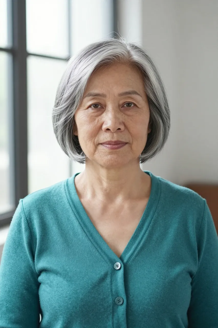 Calm senior Southeast Asian woman with a silver bob wears a teal cardigan by soft window light