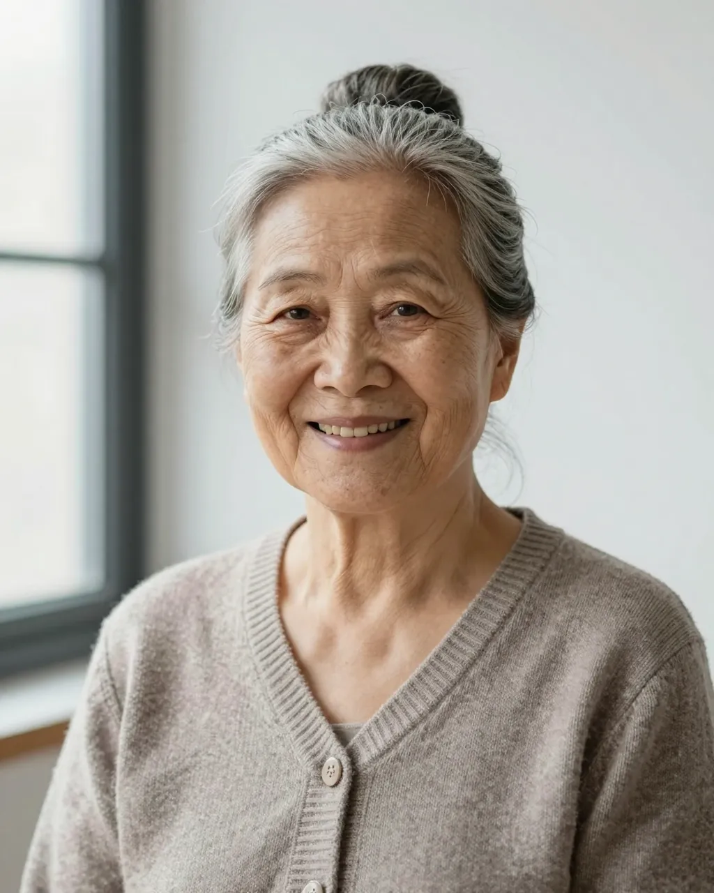 A warm smiling senior East Asian woman with a gray bun wears a knit cardigan near soft window light.
