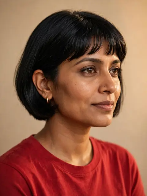Warm studio portrait of a South Asian woman in her thirties with a short bob haircut and red top, looking off to the side.