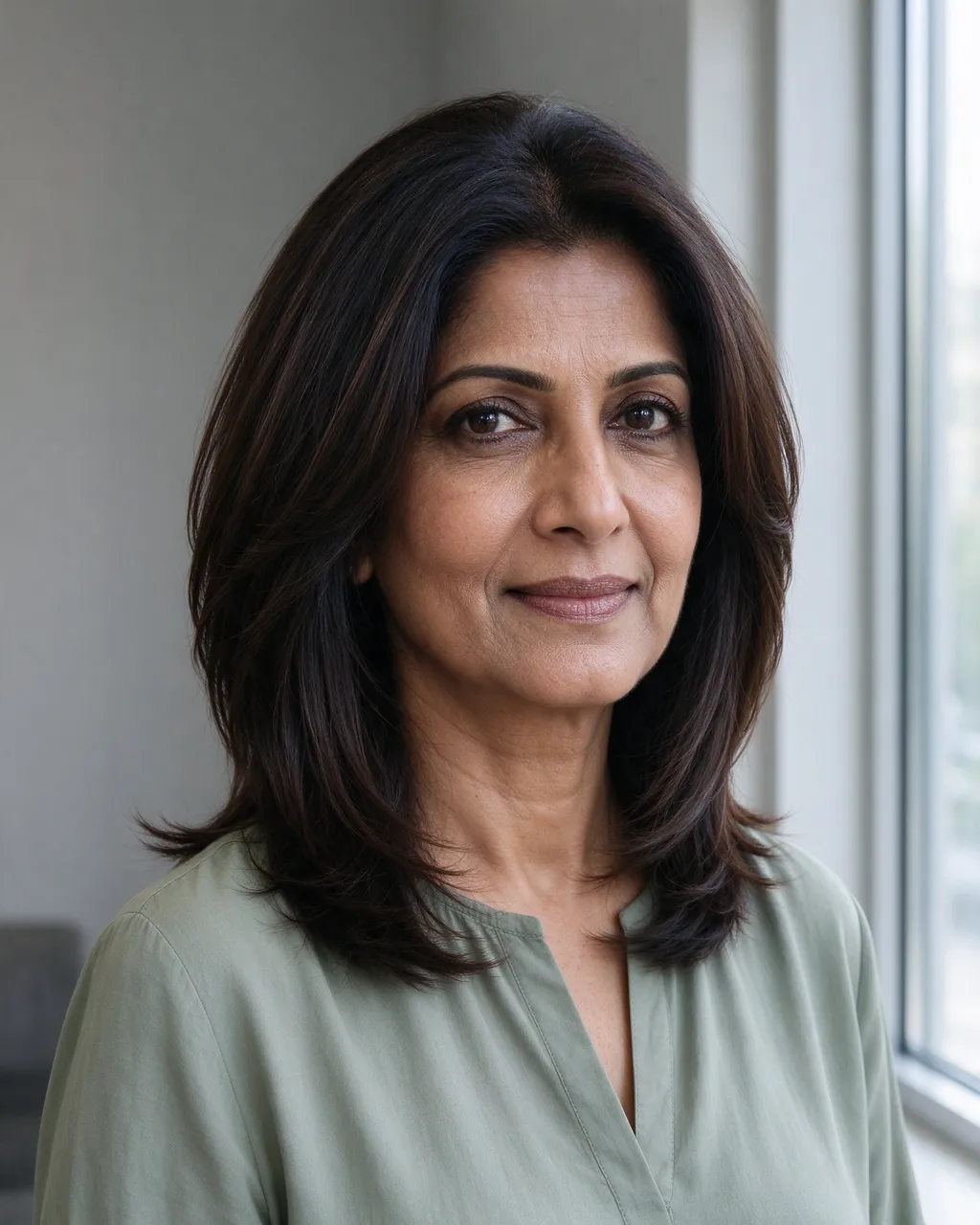 Head and shoulders portrait of a forties South Asian woman with shoulder-length hair near a sunlit window
