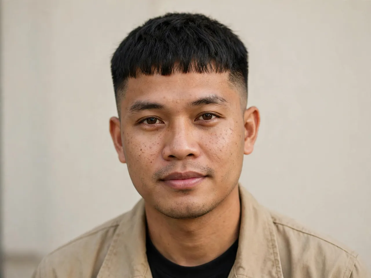 Headshot portrait of a late twenties Southeast Asian man against a plain light wall