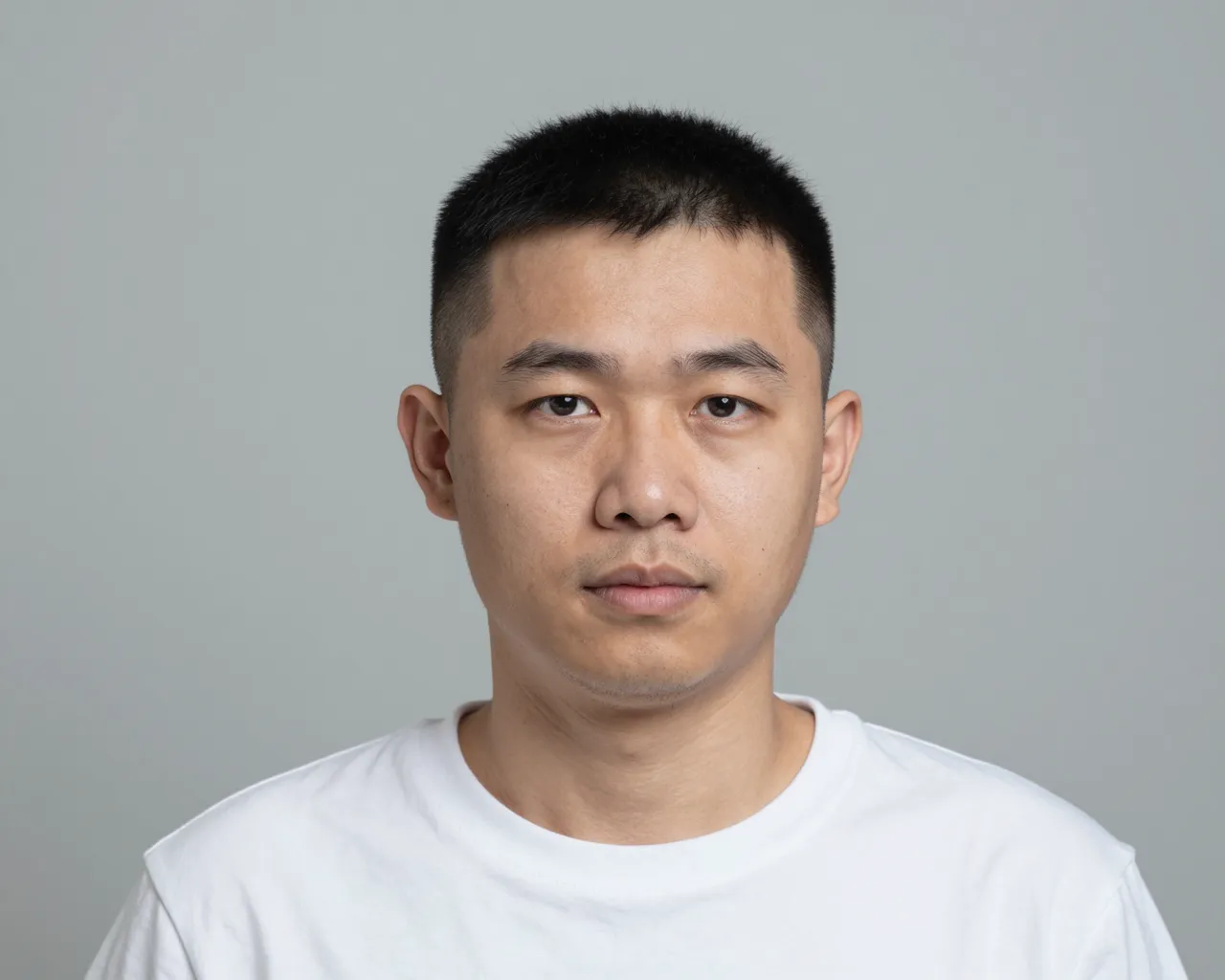 Head and shoulders portrait of a forties Southeast Asian man with a flat top haircut wearing a plain white t-shirt against a
