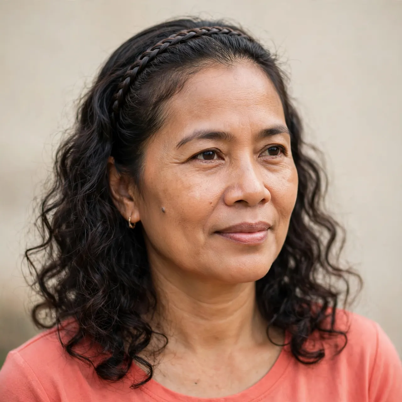 Headshot portrait of a middle-aged Southeast Asian woman with a braided headband and coral top, looking off to the side