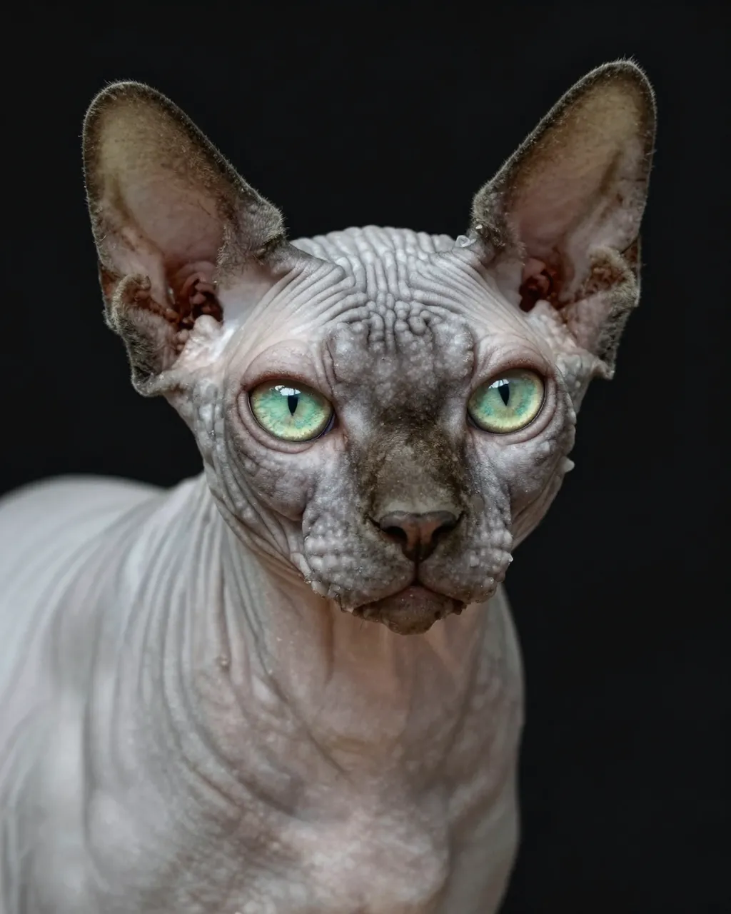 Close-up headshot of a wrinkled hairless Sphynx cat with green eyes against a solid black background