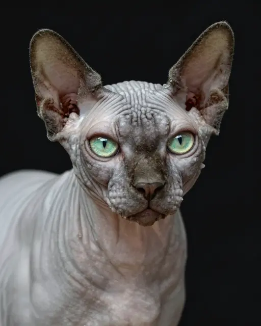 Close-up headshot of a wrinkled hairless Sphynx cat with green eyes against a solid black background