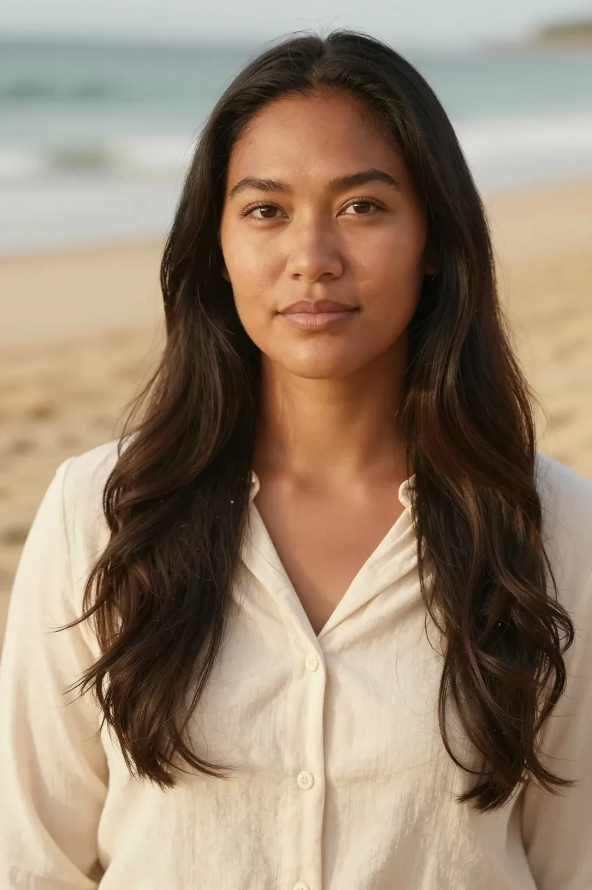 A Pacific Islander woman in her late twenties stands on a sunlit sandy beach looking toward the camera.