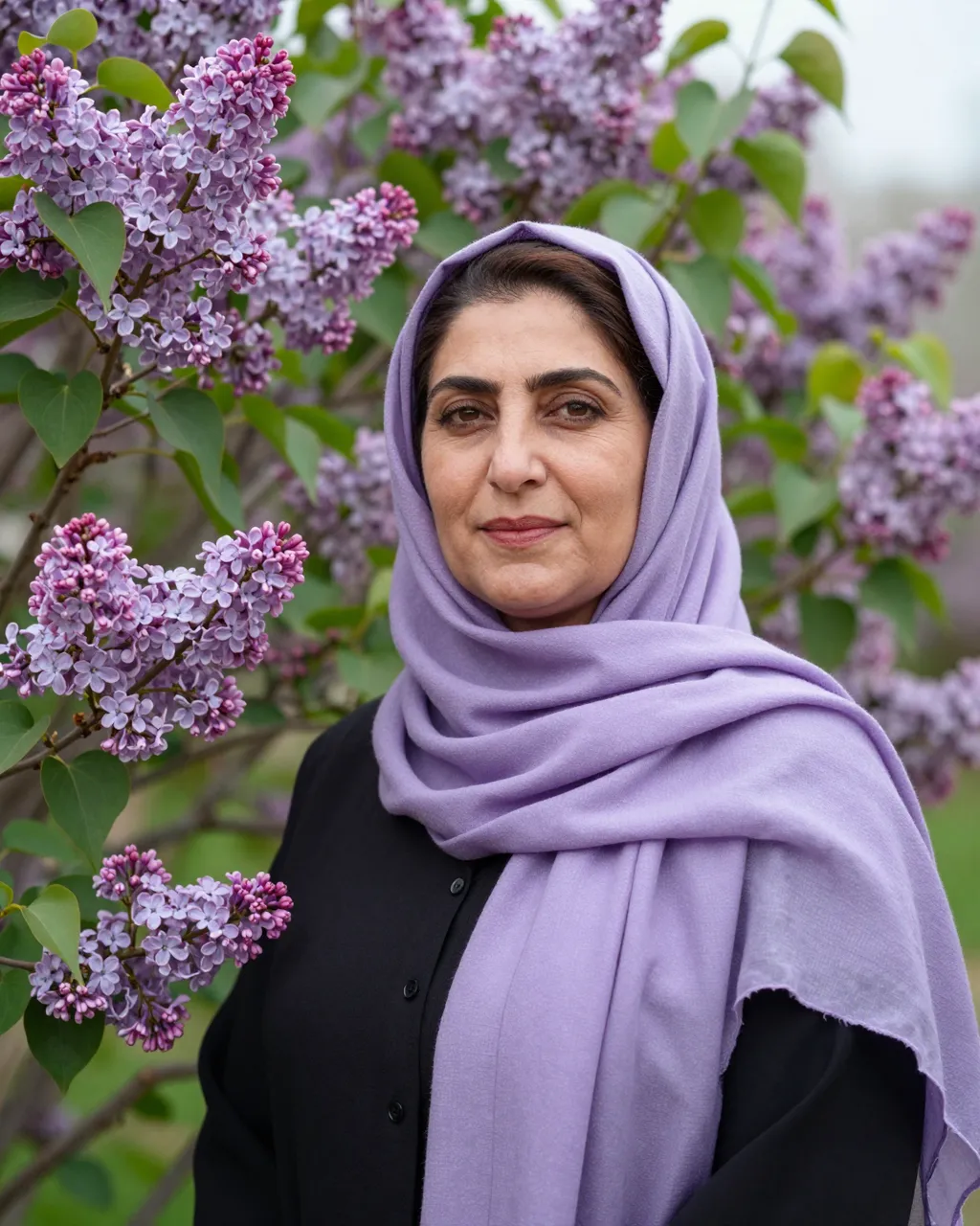 Middle Eastern woman in a lavender scarf stands among blooming lilac bushes in soft spring light