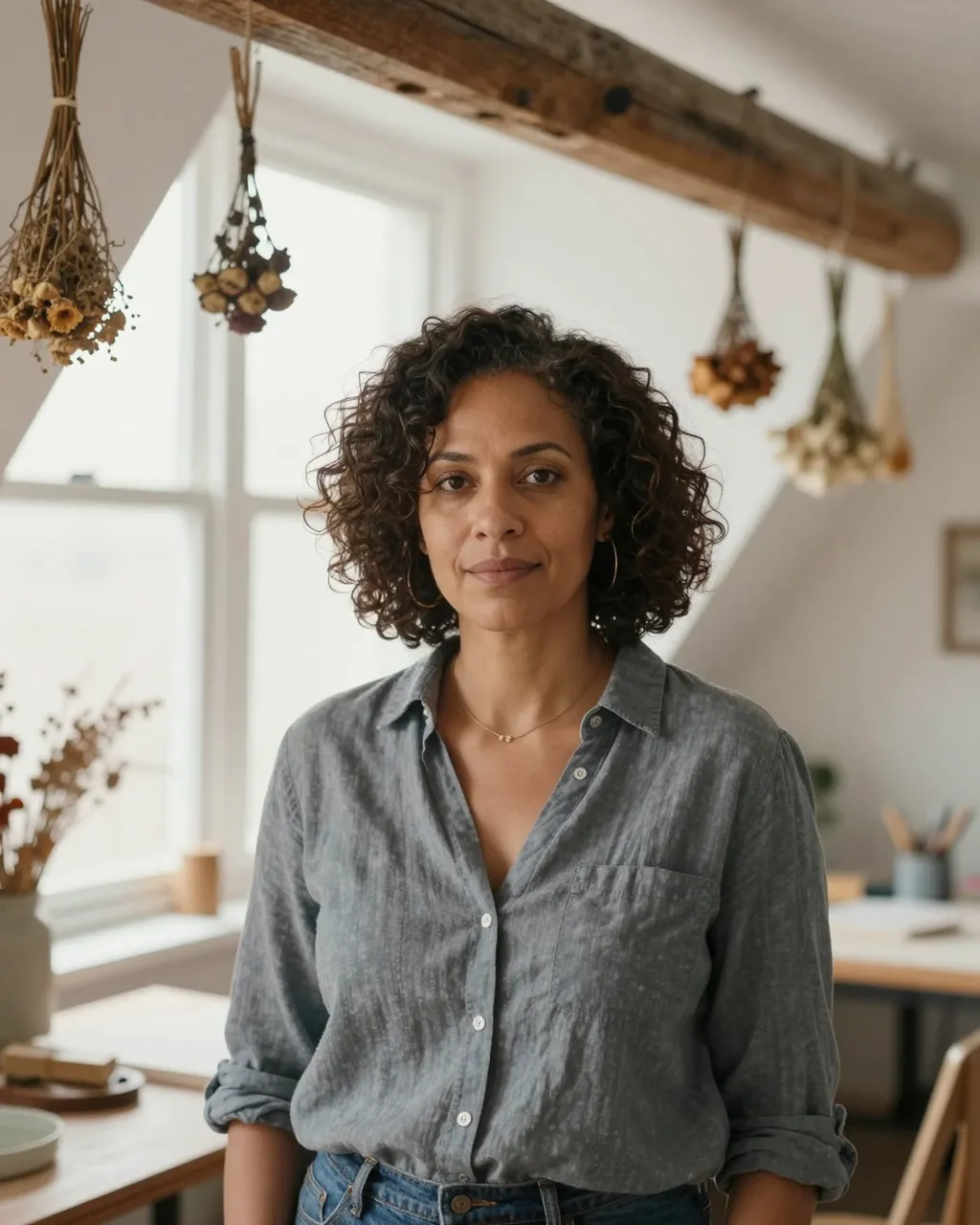 A mixed-race woman in her forties stands in a bright attic studio with hanging dried flowers and soft window light.