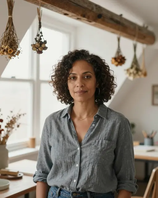 A mixed-race woman in her forties stands in a bright attic studio with hanging dried flowers and soft window light.