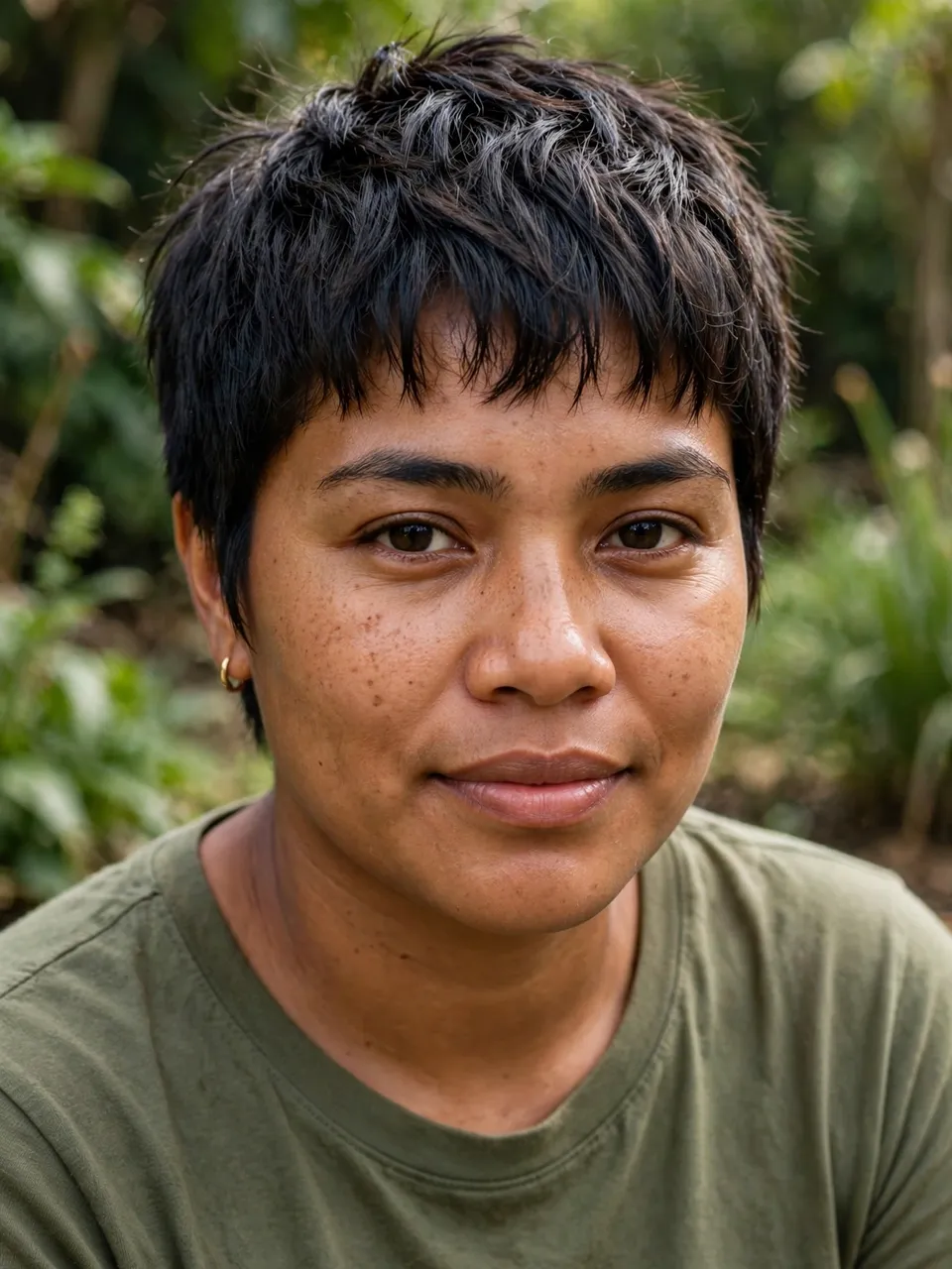 Close-up portrait of a Pacific Islander woman with short cropped hair standing in a lush green garden