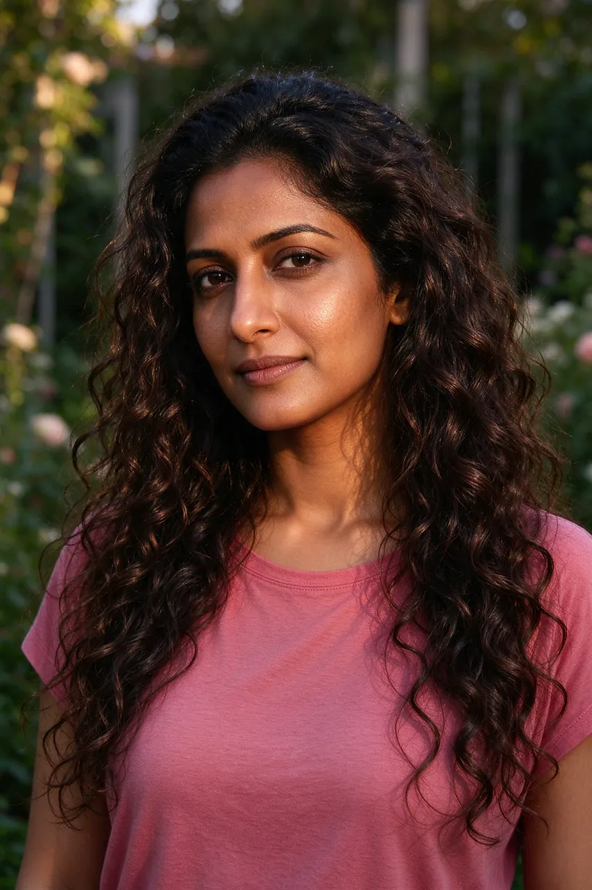 South Asian woman with long curly hair stands outdoors in warm late garden light looking at the camera