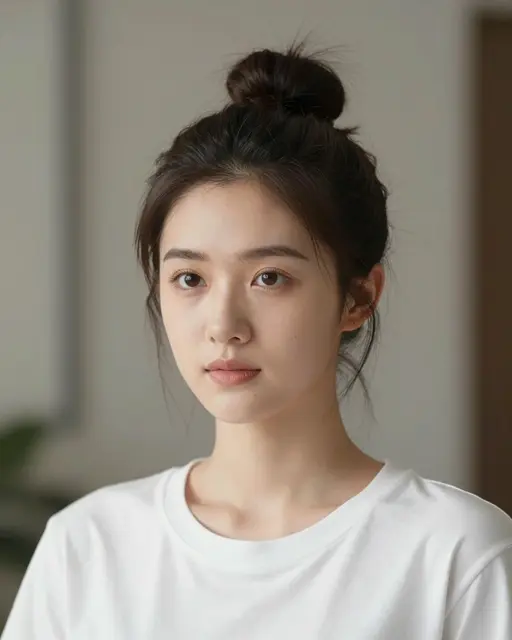 Young woman with a messy top knot and plain white tee gazes calmly toward the camera in soft morning indoor light