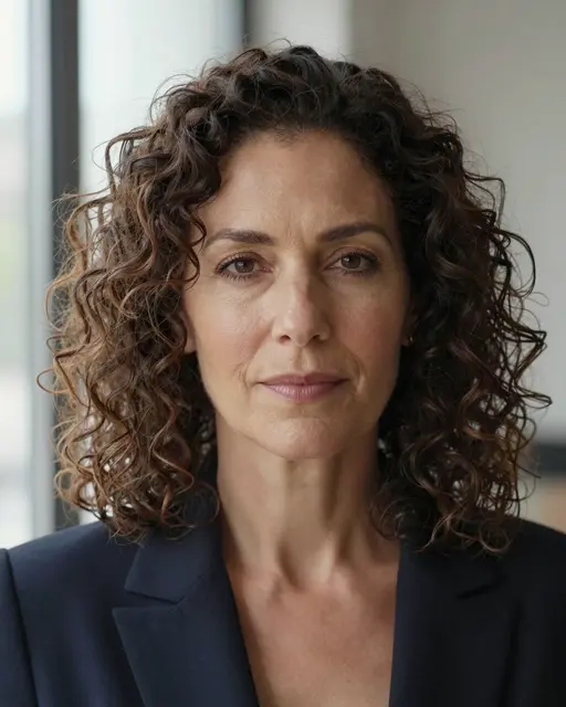 Middle aged woman with curly brown hair looks directly at the camera beside a sunlit window.