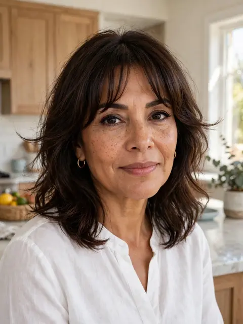Middle aged Latina woman with curtain bangs looks softly at the camera in a bright sunlit kitchen