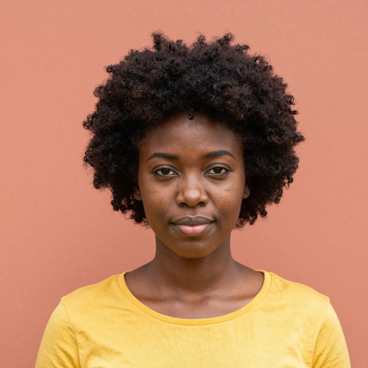 A Black woman in her late twenties with curly afro hair and a plain yellow top looks directly at the camera against a smooth