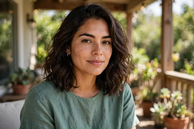 A Latina woman in her thirties with wavy shoulder-length hair sits on a sunny plant-filled porch wearing a sea-green linen