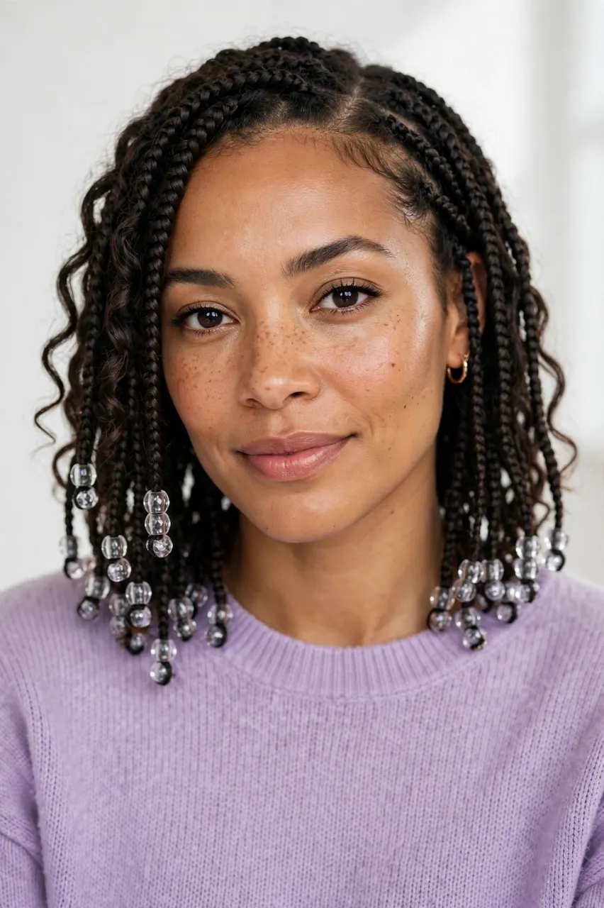 A close-up studio portrait of a mixed-race woman in her thirties with beaded braids wearing a lilac knit top.