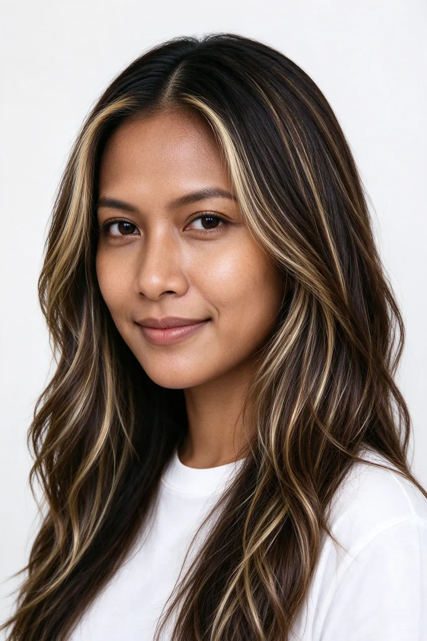Headshot of a late twenties Southeast Asian woman with face-framing blonde highlights wearing a plain white t-shirt against