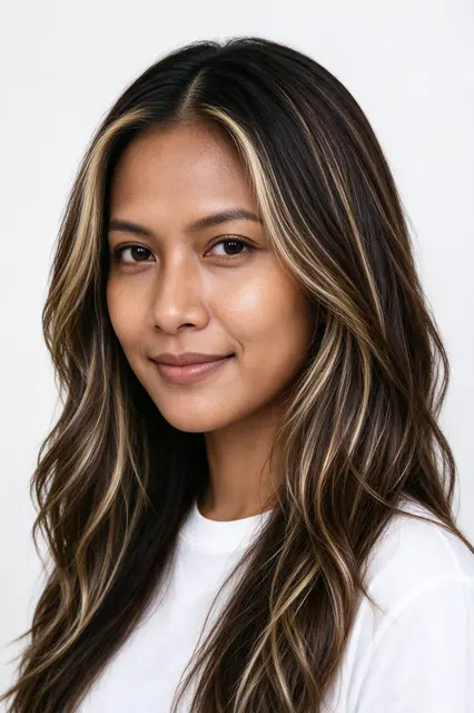 Headshot of a late twenties Southeast Asian woman with face-framing blonde highlights wearing a plain white t-shirt against