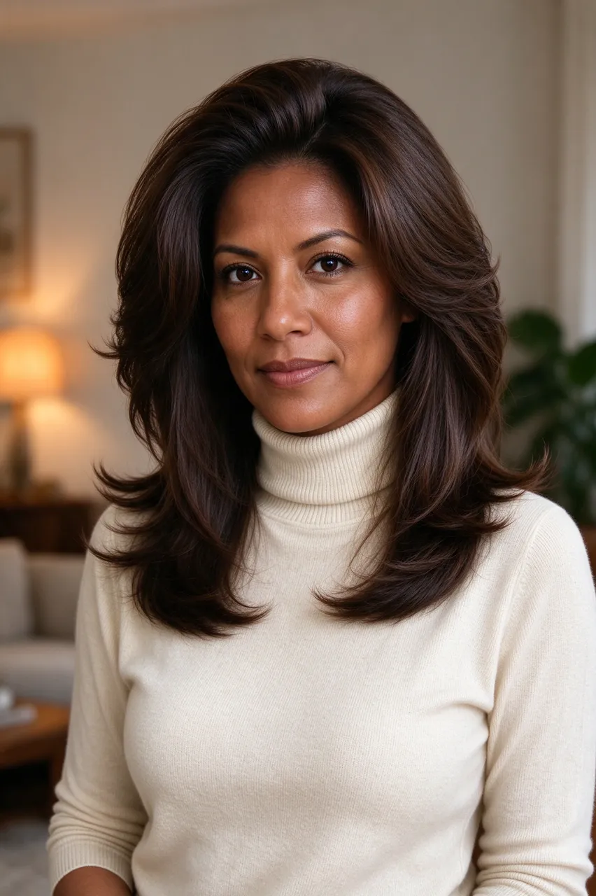 Portrait of a woman in a cream turtleneck looking at the camera in a warm lit living room